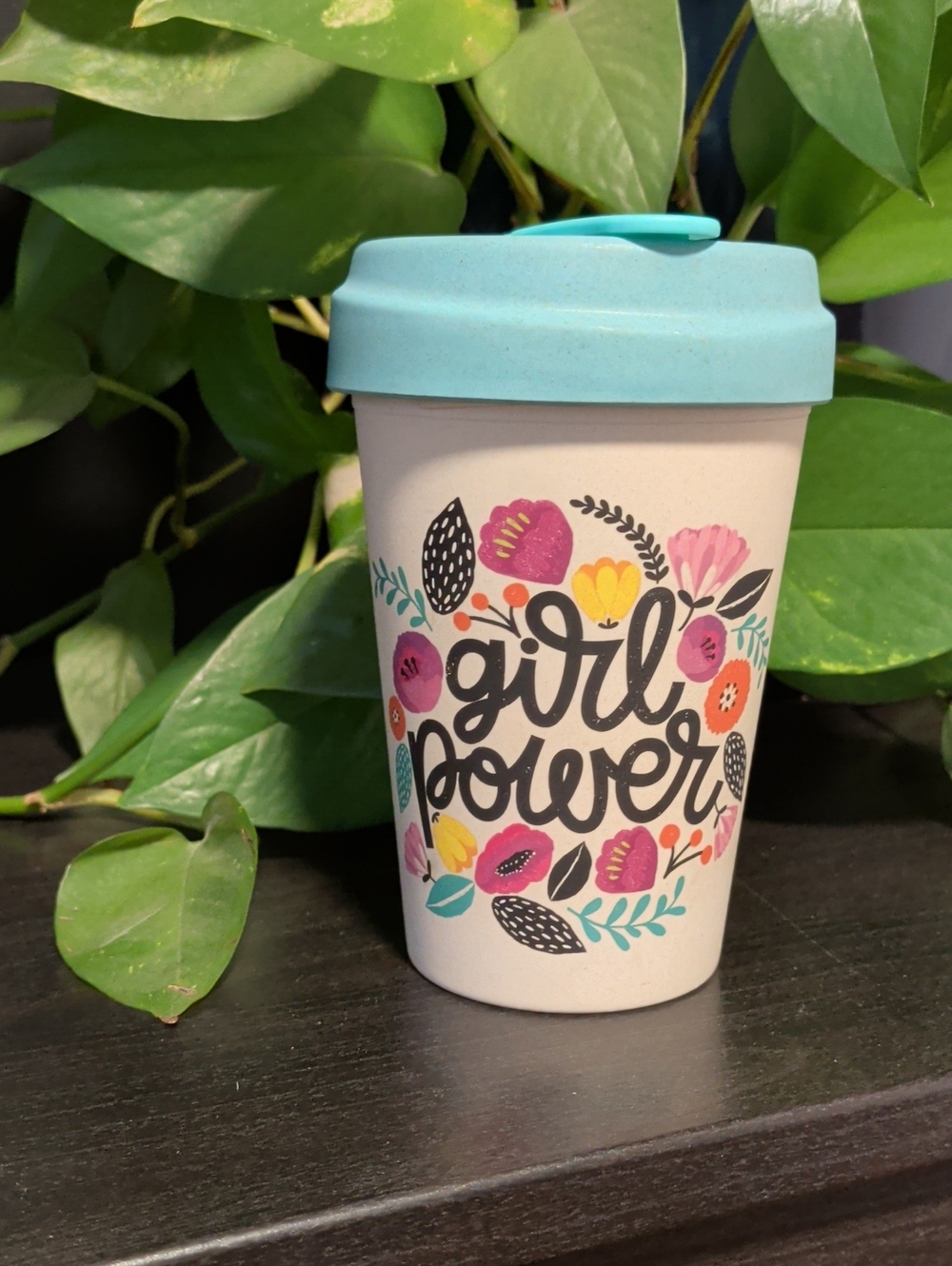 Girl Power Floral Travel Bamboo Mug with Aqua Lid